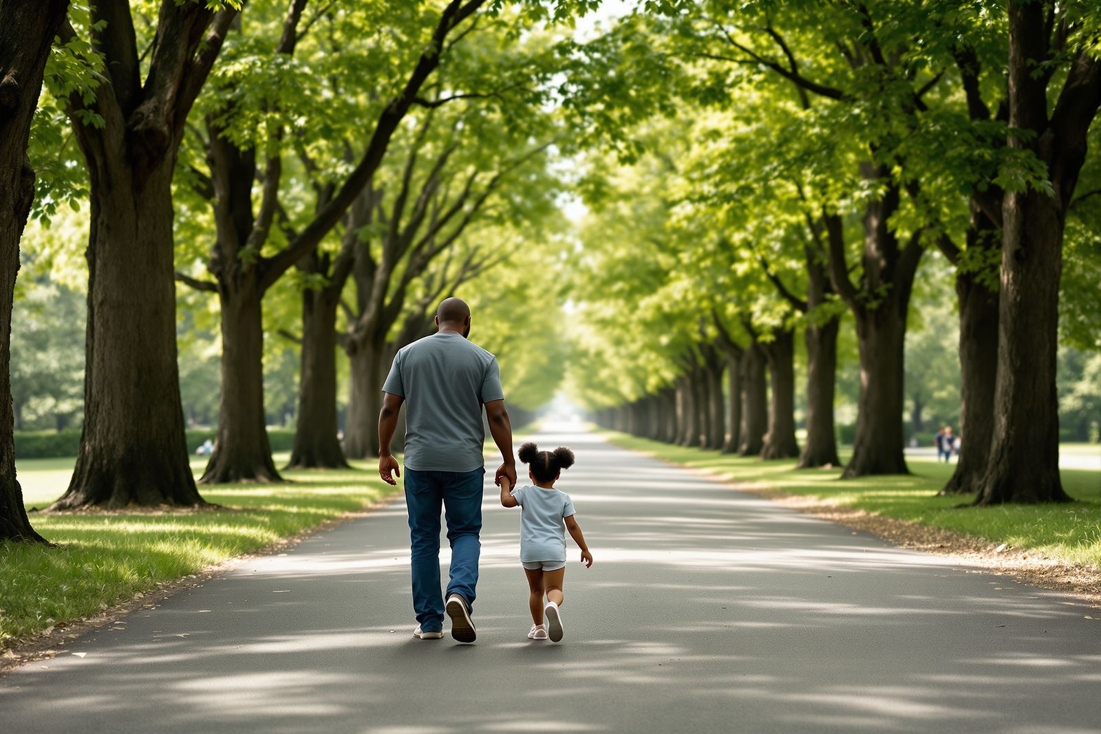 A Black father and his young daughter walk hand in hand down a tree-lined path in dappled afternoon light.